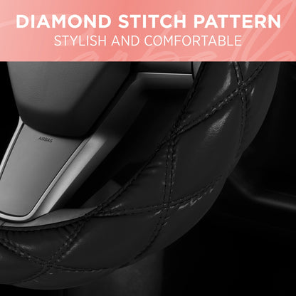 Carbella Black Stitched Leatherette Steering Wheel Cover (Fits 14.5" - 15.5")
