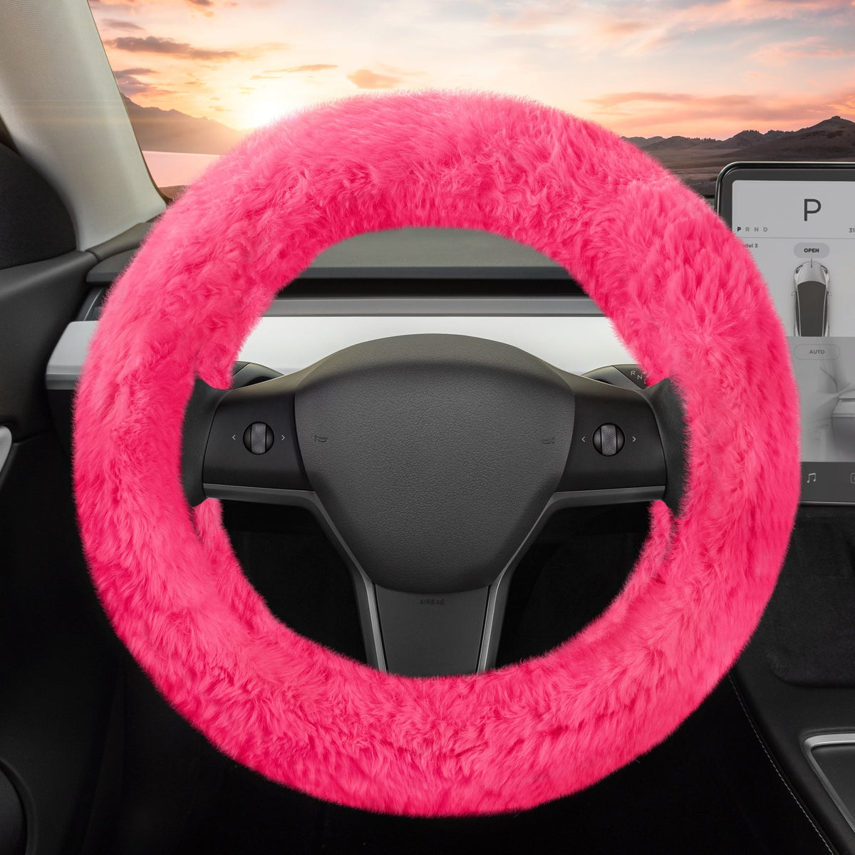 Carbella Soft Pink Fuzzy Steering Wheel Cover, Standard 15 Inch Size Fits Most Vehicles, Cute Faux Fur Car Steering Cover with Soft Fluffy Furry