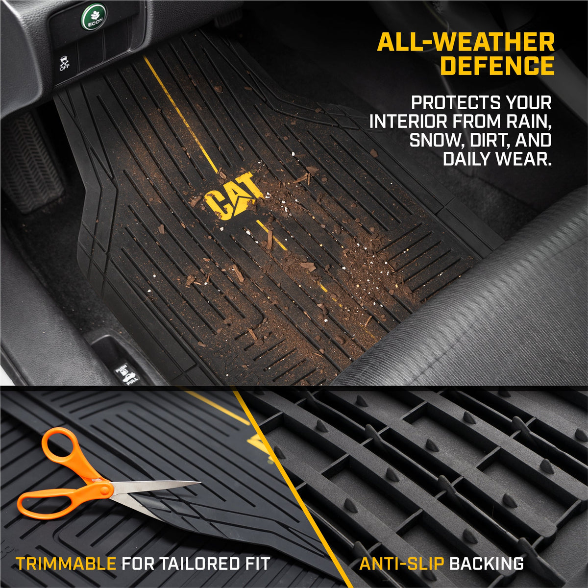 CAT® Heavy-Duty 4 Piece Black Floor Mats for Cars, Trucks & SUVs – Trim-to-Fit All-Weather Rubber Car Mats Full Set, Waterproof Interior