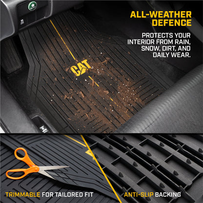 CAT® Heavy-Duty 4 Piece Black Floor Mats for Cars, Trucks & SUVs – Trim-to-Fit All-Weather Rubber Car Mats Full Set, Waterproof Interior
