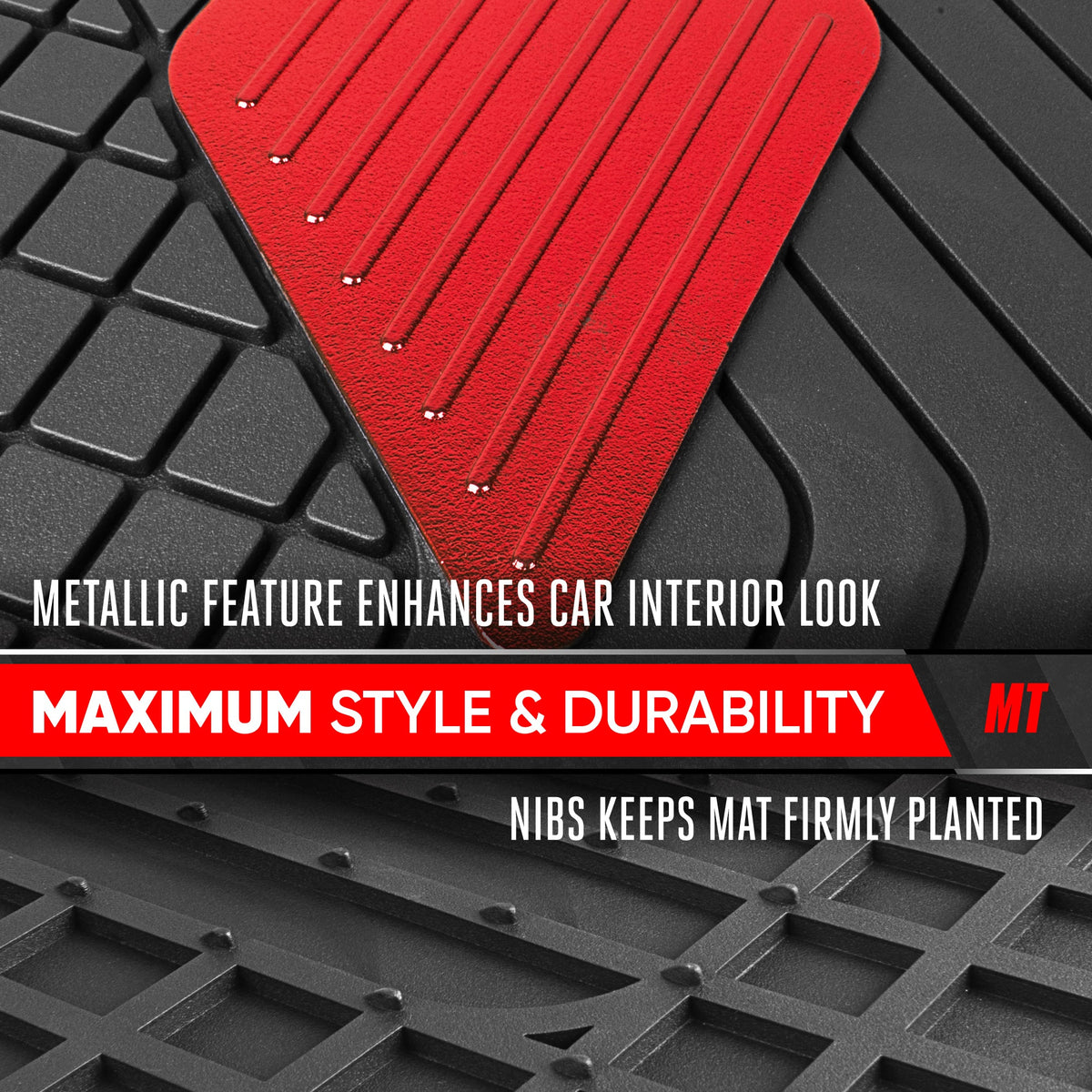 Motor Trend MetallicGuard Car Floor Mats Full Set - Durable Rubber Floor Mats with Red Metallic Heel Pad, All-Weather Interior Protection for