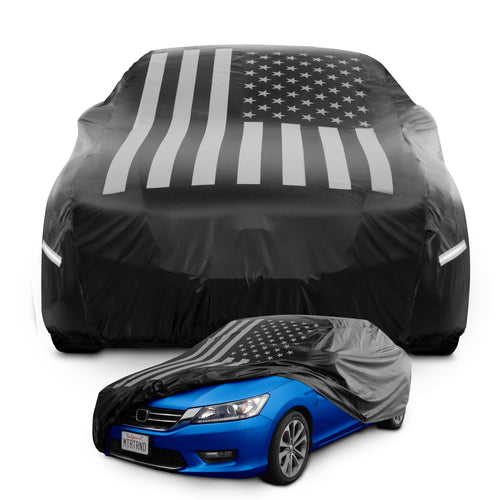 Motor Trend Black USA Flag Waterproof Car Cover - All Weather Outdoor Protection, UV Resistant, Windproof, Scratchproof - Semi-Universal Fit