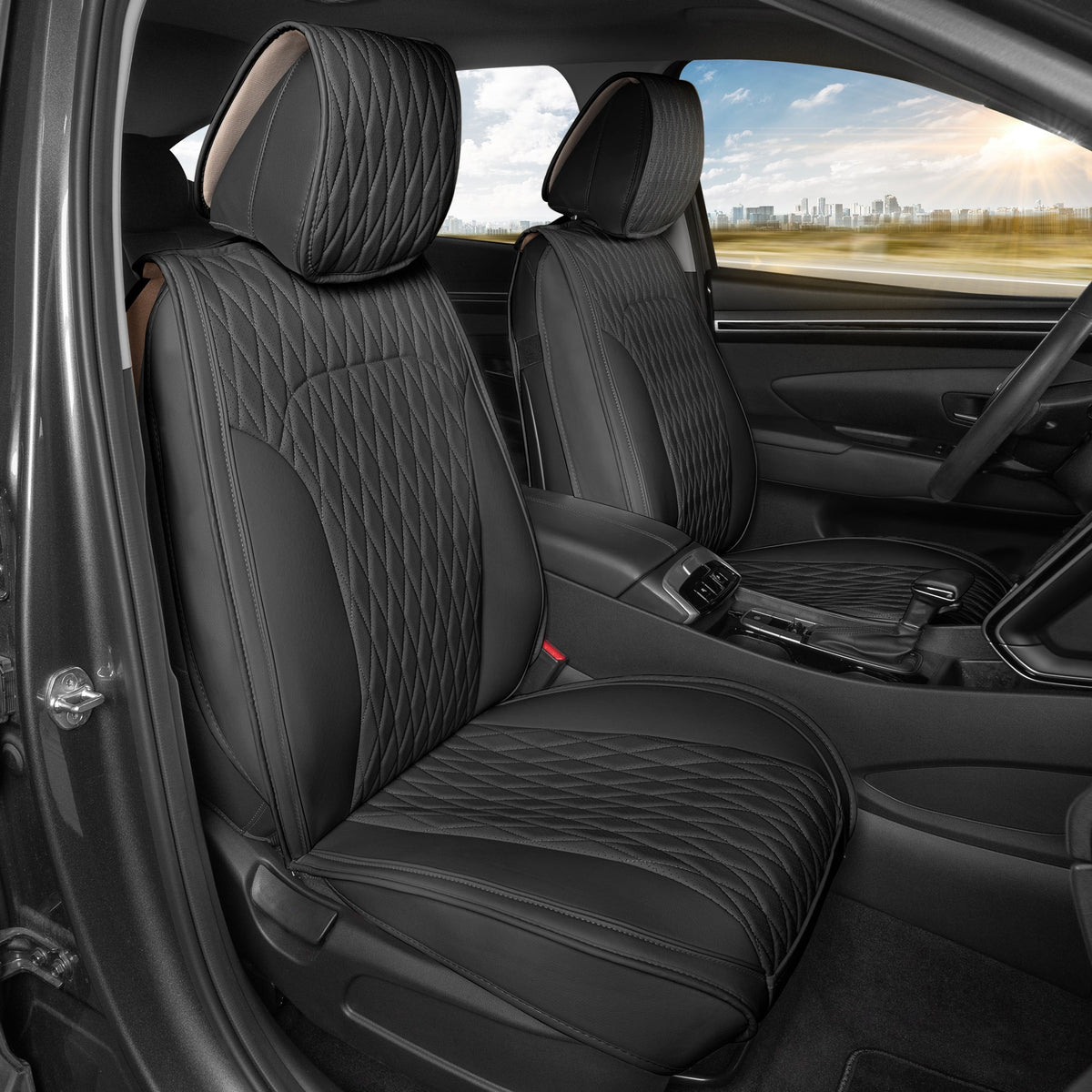 Car Seat Covers - DiamondLux Edition Premium Faux Leather Seat Protectors - Double Cross Stitched Cushioned Automotive Accessories for Trucks