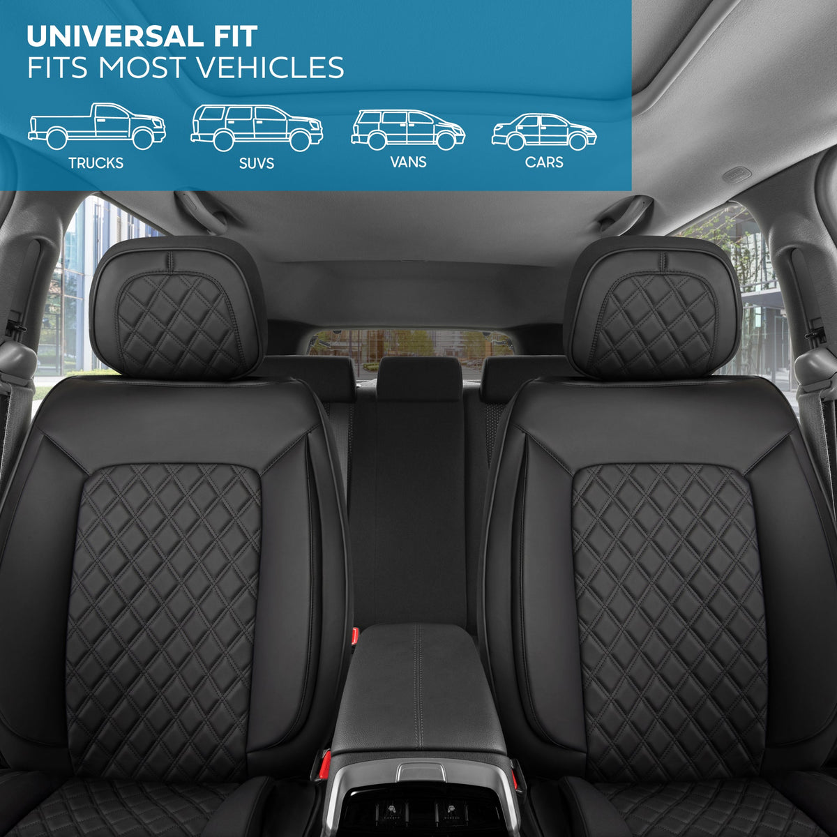 MotorBox Elite Edition Faux Leather Seat Covers for Cars, Trucks, & SUV - 2 Black Car Seat Covers for Front Seats - Universal Fit Car Accessories