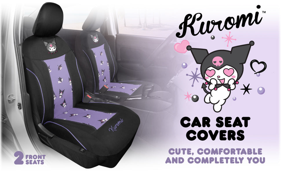 Hello Kitty Kuromi Car Seat Covers - Cute Black and Purple Front Seat Covers with Lavender Accents, Durable and Comfortable Polyester, Car