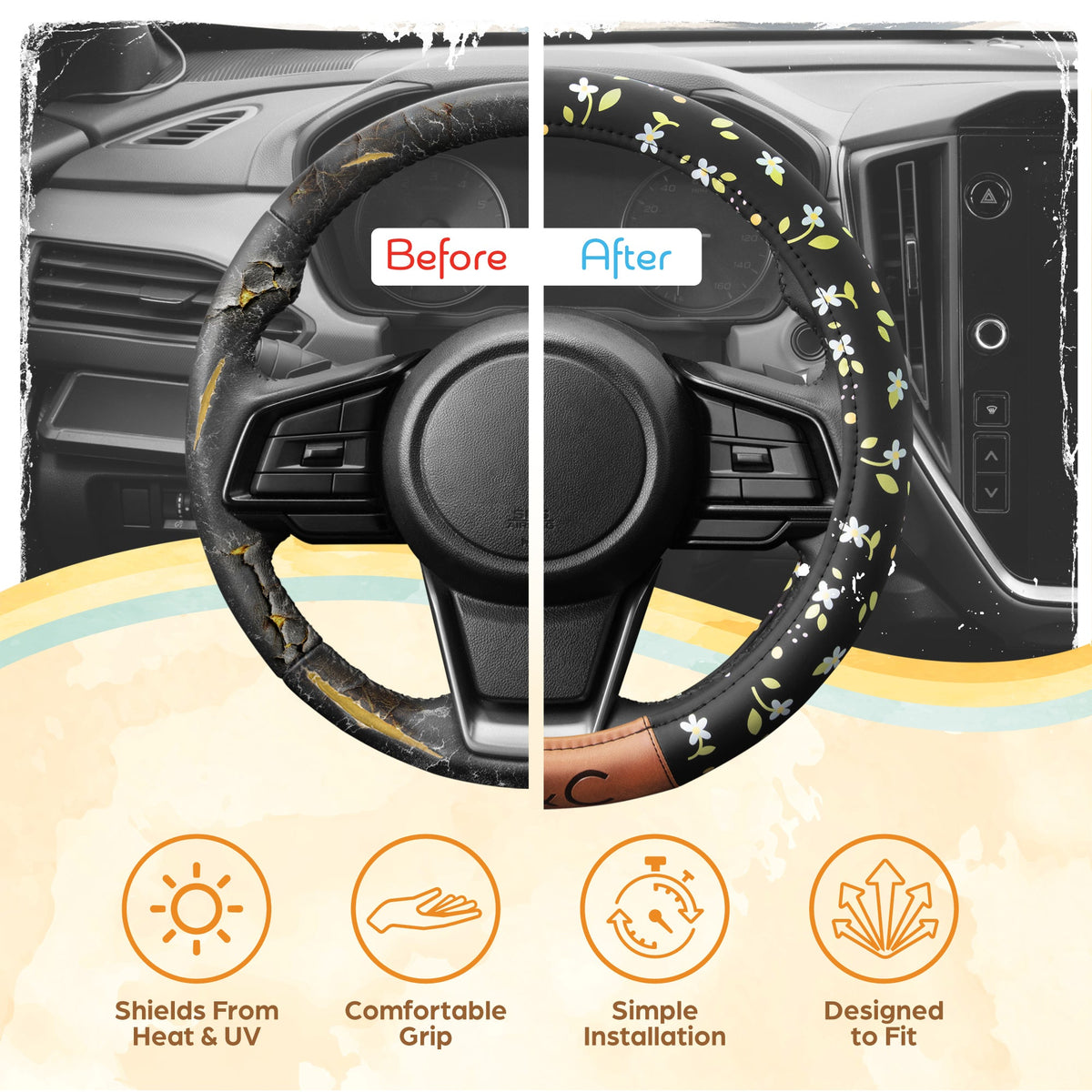 C&C California Car Steering Wheel Cover Floral Daisy Flowers, Non Slip Black Leather Steering Wheel Cover for Women Men, Cute Comfortable Soft