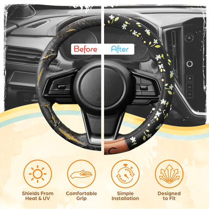 C&C California Car Steering Wheel Cover Floral Daisy Flowers, Non Slip Black Leather Steering Wheel Cover for Women Men, Cute Comfortable Soft