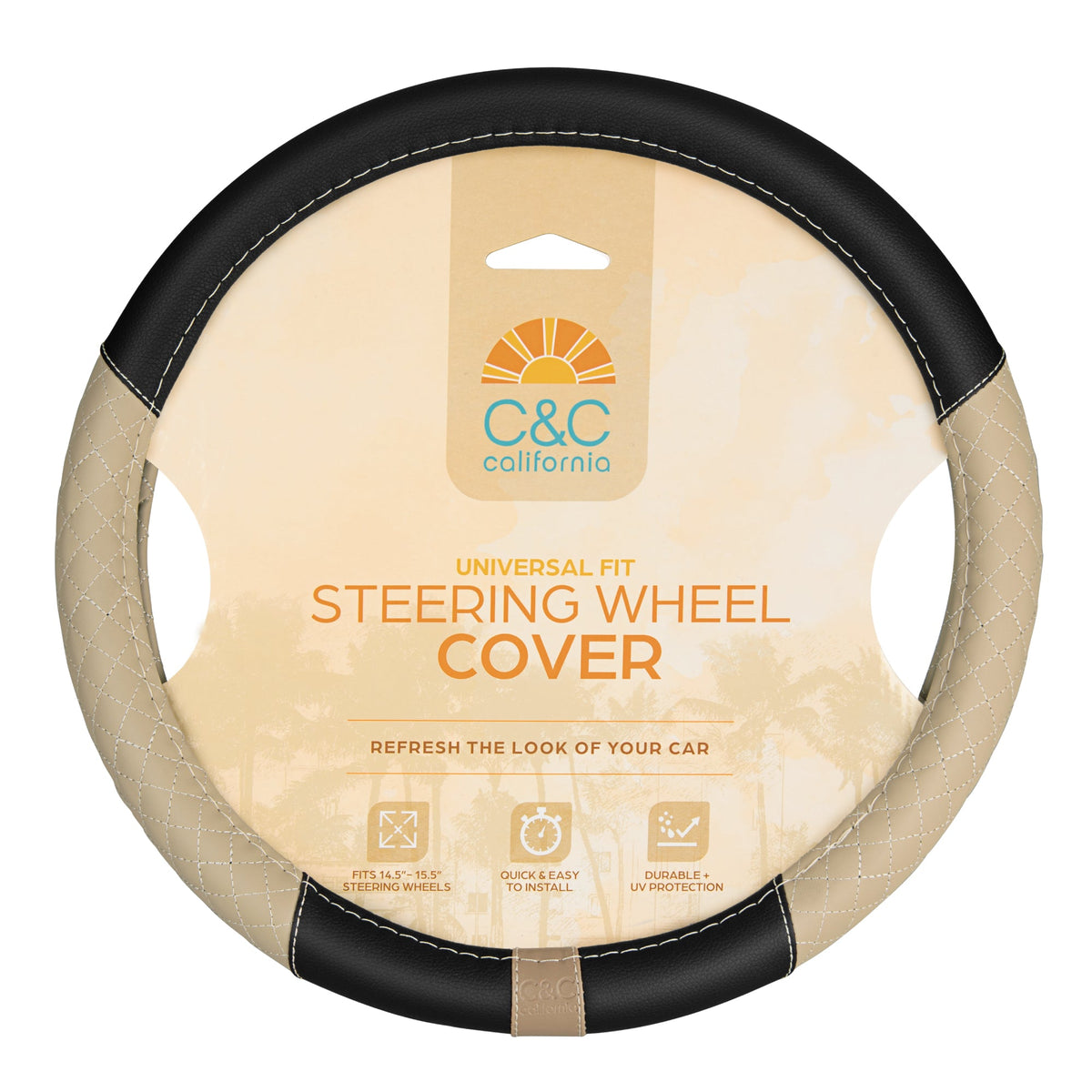 C&C California Car Steering Wheel Cover Beige Diamond Quilt, Non Slip Leather Steering Wheel Cover for Women Men, Cute Comfortable Soft Easy