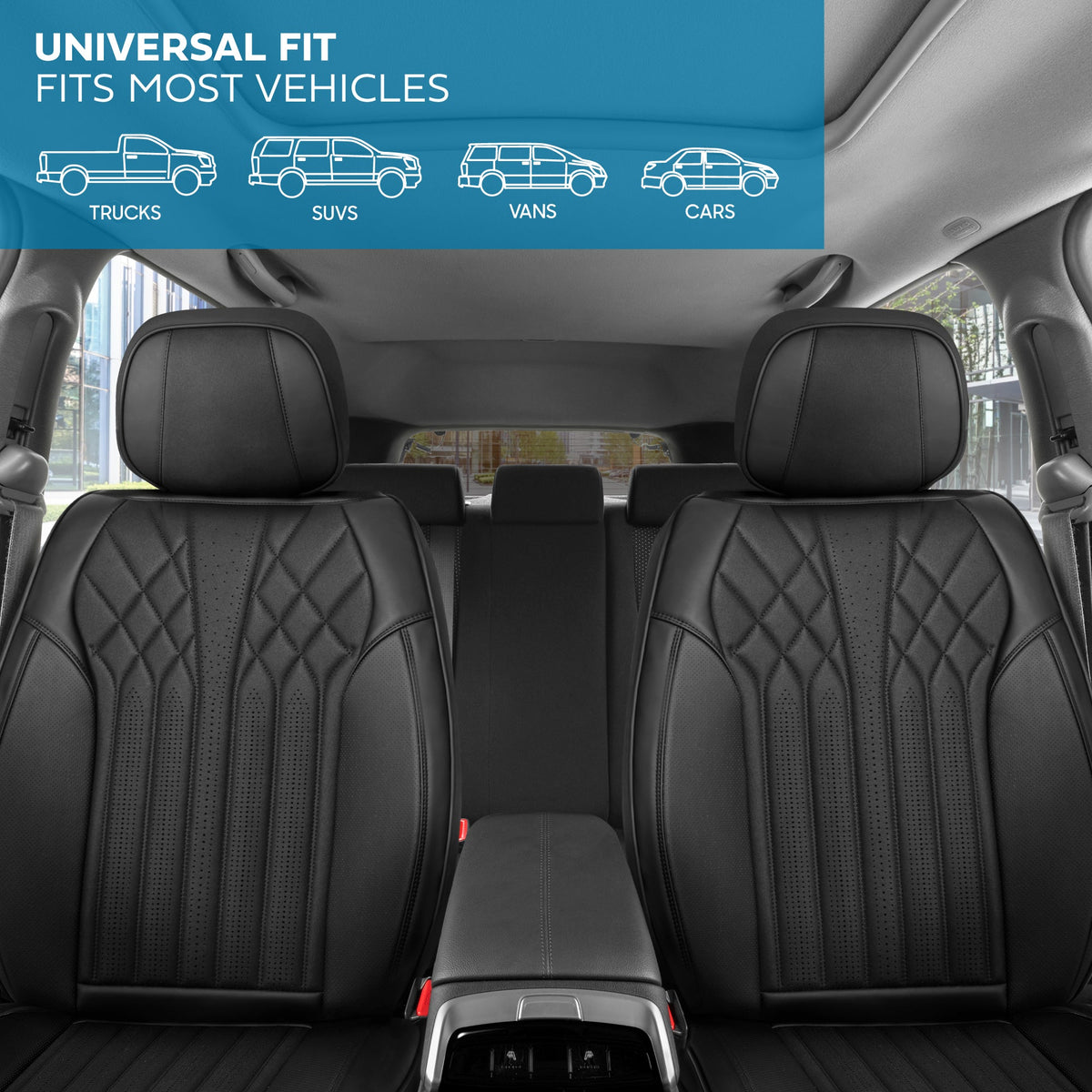 MotorBox Elite Edition Faux Leather & Suede Seat Covers for Cars, Trucks, & SUV - 2 Black Car Seat Covers for Front Seats - Universal Fit Car