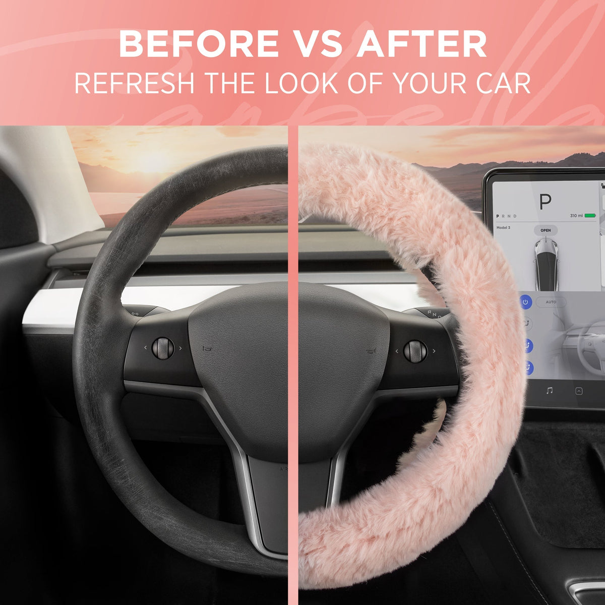 Carbella Soft Pink Fuzzy Steering Wheel Cover, Standard 15 Inch Size Fits Most Vehicles, Cute Faux Fur Car Steering Cover with Soft Fluffy Furry