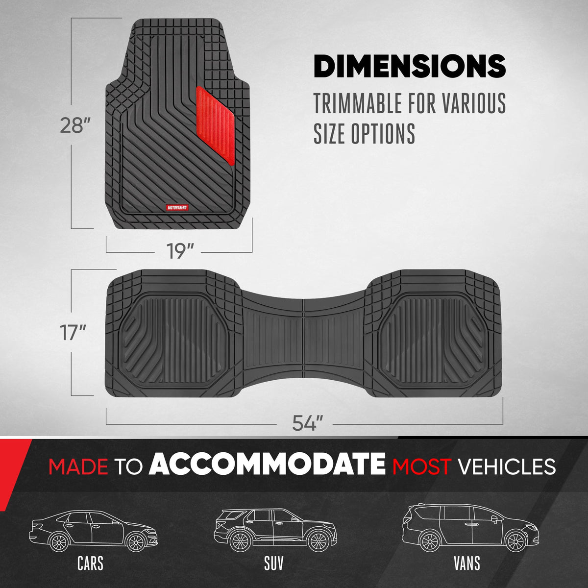 Motor Trend MetallicGuard Car Floor Mats Full Set - Durable Rubber Floor Mats with Red Metallic Heel Pad, All-Weather Interior Protection for