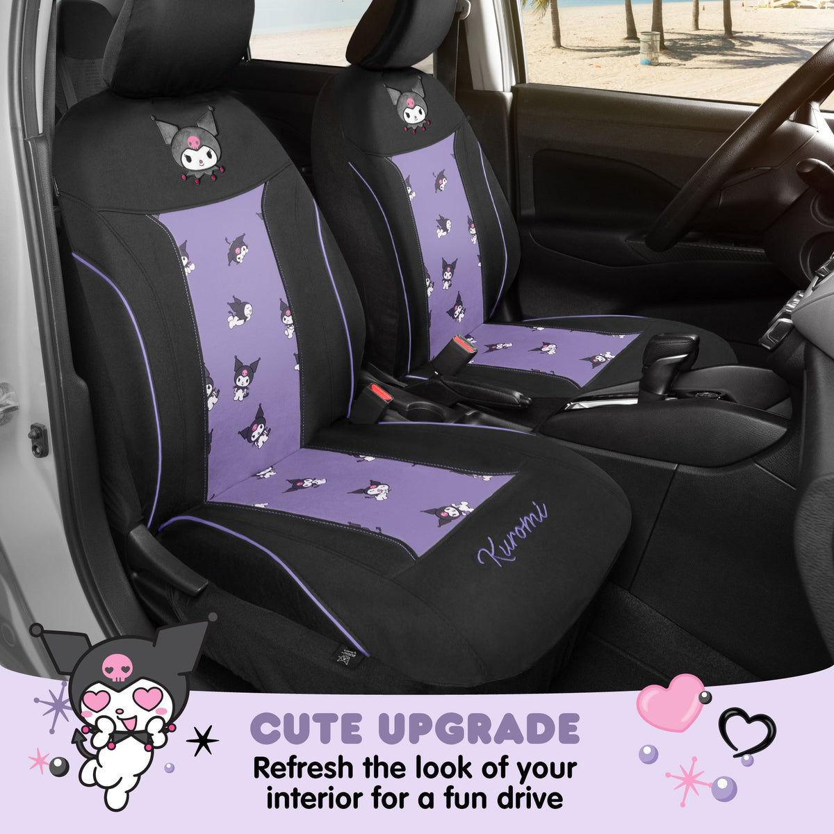 Hello Kitty Kuromi Car Seat Covers - Cute Black and Purple Front Seat Covers with Lavender Accents, Durable and Comfortable Polyester, Car