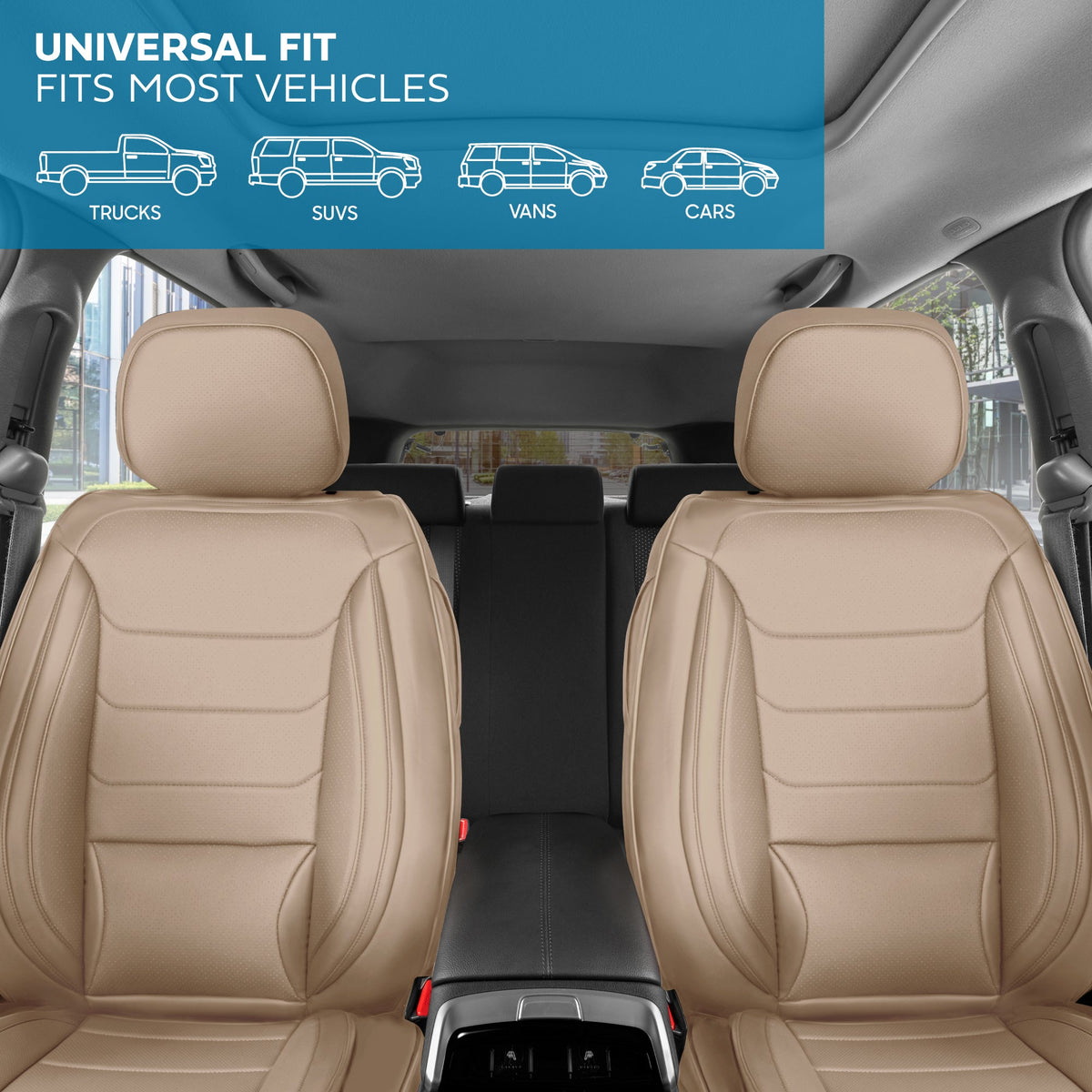 MotorBox Elite Edition Faux Leather Seat Covers for Cars, Trucks, & SUV - 2 Beige Car Seat Covers for Front Seats - Universal Fit Car Accessories