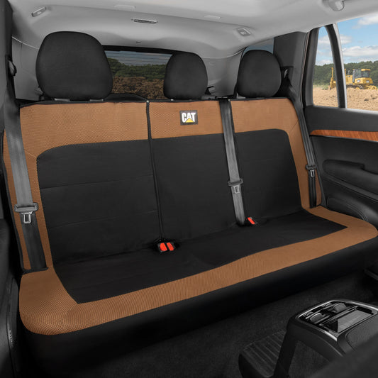 Cat Flexfit Beige & Black Rear Seat Cover for Car – Durable Canvas & Mesh Design 60/40 Split Bench Protector for Cars, Trucks & SUVs – Back Seat