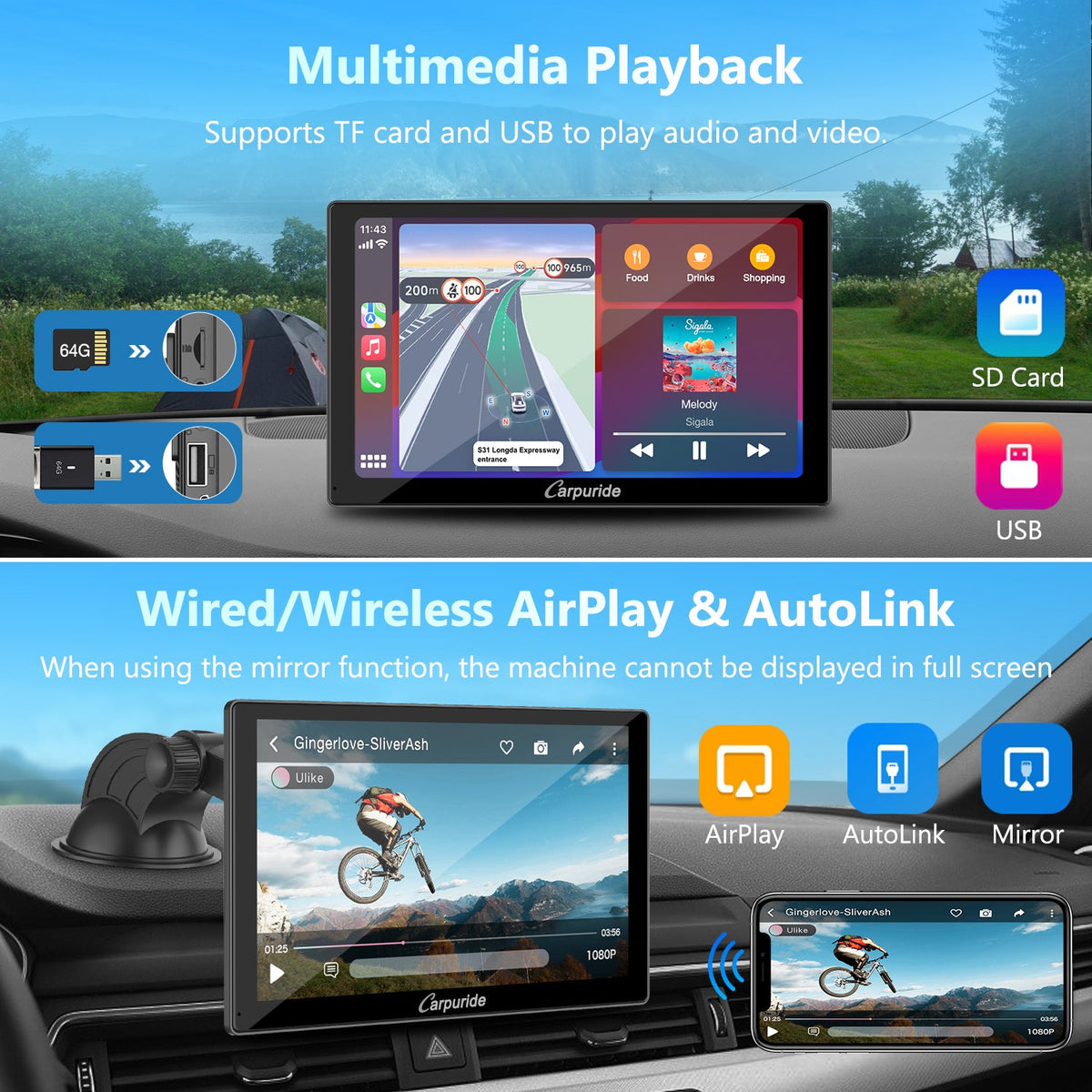 CARPURIDE C98 Portable Smart Multimedia Dashboard Console With Backup Camera