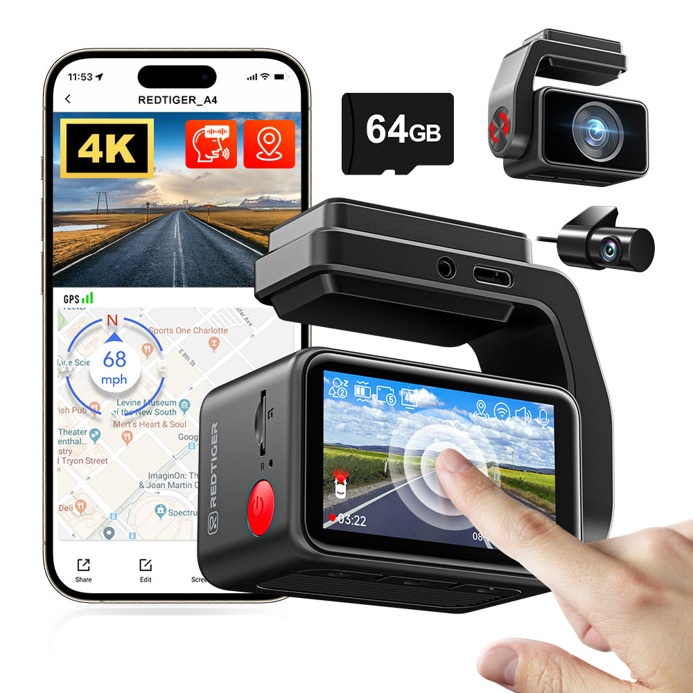 Redtiger 2CH A4 4K+1080P 5.8GHz WIFI Voice Control Dash Cam