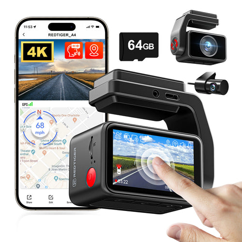 Redtiger 2CH A4 4K+1080P 5.8GHz WIFI Voice Control Dash Cam