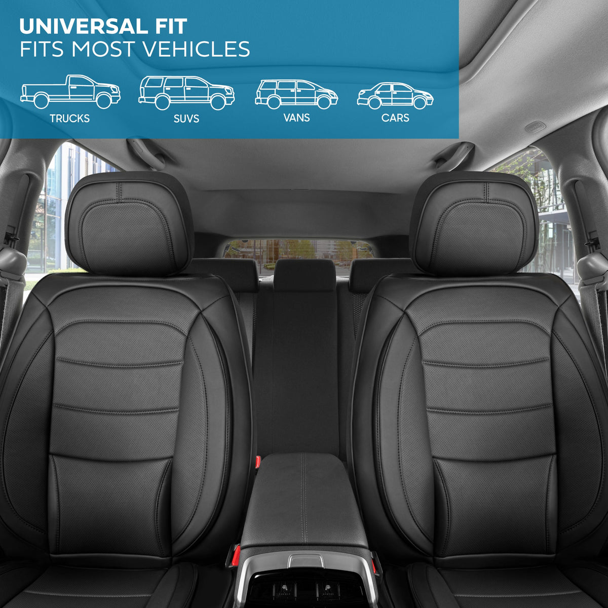 MotorBox Elite Edition Faux Leather Seat Covers for Cars, Trucks, & SUV - 2 Black Car Seat Covers for Front Seats - Universal Fit Car Accessories