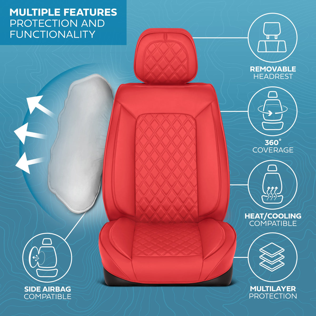 MotorBox Elite Edition Faux Leather Seat Covers for Cars, Trucks, & SUV - 2 Red Car Seat Covers for Front Seats - Universal Fit Car Accessories