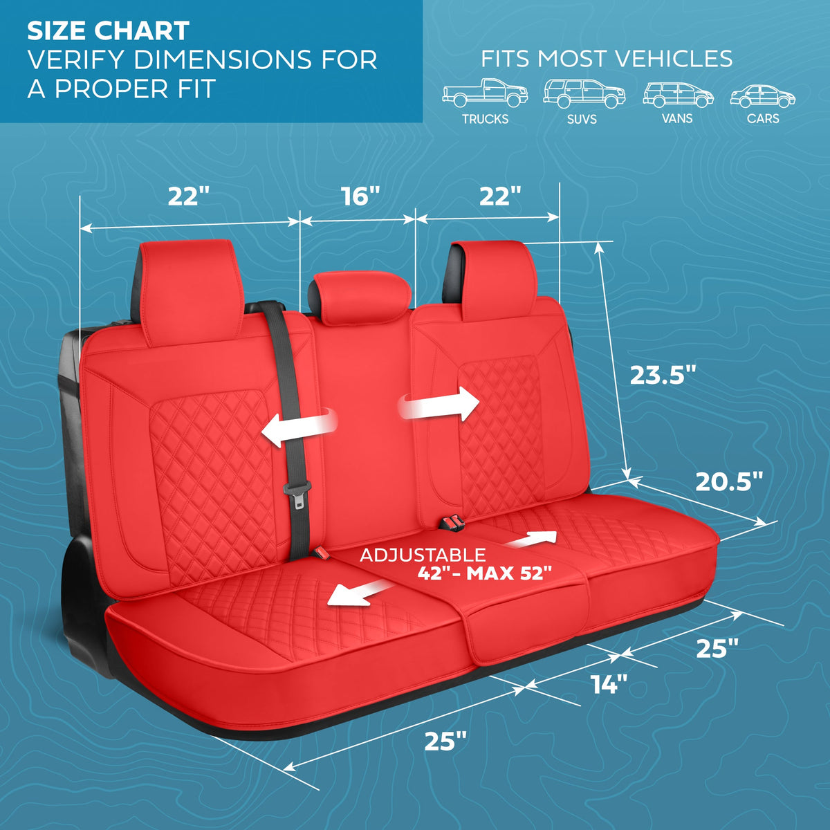 MotorBox Premium Napa Leather Rear Seat Cover – Semi Universal Fit for Most Cars, Truck & SUV – Red Back Seat Protector – Anti-Slip, Durable