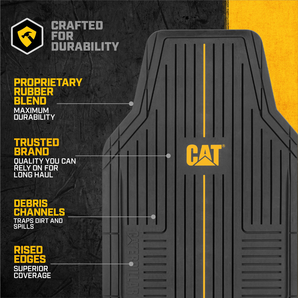 CAT® Heavy-Duty 4 Piece Black Floor Mats for Cars, Trucks & SUVs – Trim-to-Fit All-Weather Rubber Car Mats Full Set, Waterproof Interior
