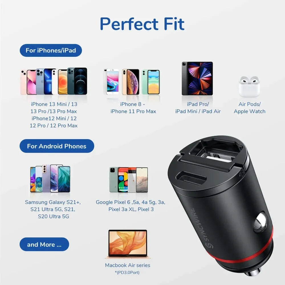 Syncwire 60W USB Car Charger Adapter [PD 30W & QC 30W] Fast Charging