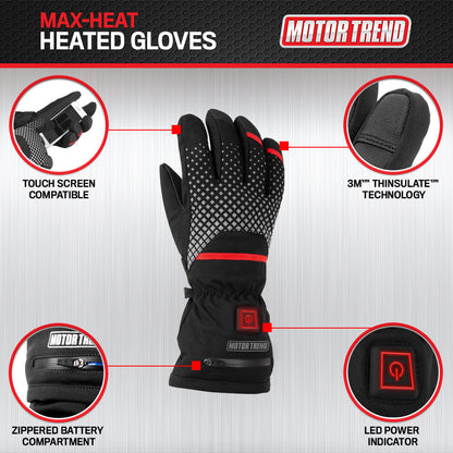Motor Trend Max-Heat Heated Gloves - Rechargeable Hand Warmers with 3 Temperature Settings and Thermal Insulating Technology