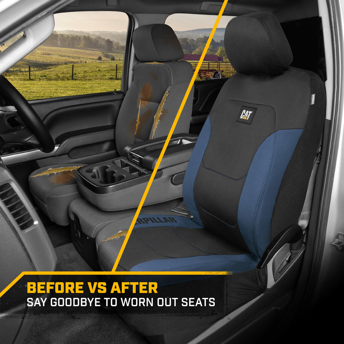 CAT FlexFit Black Blue Seat Covers for Cars, Trucks, & SUV - (2) Front Car Seat Cover Front Seat Protectors - Airbag Compatible Seat Covers for