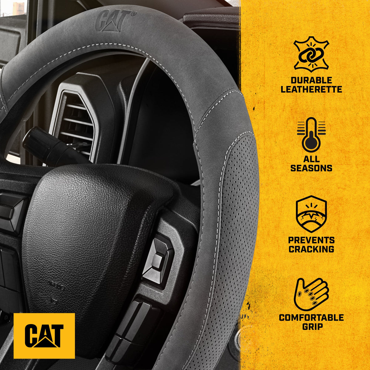 Cat® Honor Line Flux Leather Steering Wheel Cover w Metal Flag Emblem, Grey Leatherette, Standard 14.5–15.5 Inch, Non Slip Comfort, Car Steering