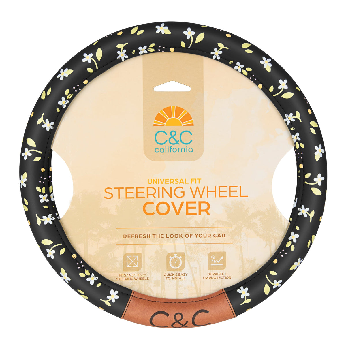 C&C California Car Steering Wheel Cover Floral Daisy Flowers, Non Slip Black Leather Steering Wheel Cover for Women Men, Cute Comfortable Soft