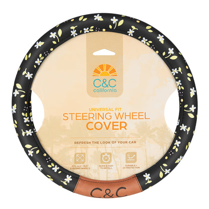 C&C California Car Steering Wheel Cover Floral Daisy Flowers, Non Slip Black Leather Steering Wheel Cover for Women Men, Cute Comfortable Soft