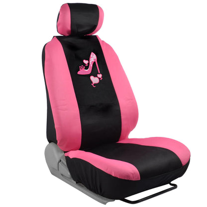 BDK 12-Piece Hot Pink Heels Front Seat Covers, Rear Seat Covers, Seat Belt Pads, and Steering Wheel Cover (Fits 14.5" - 15.5")