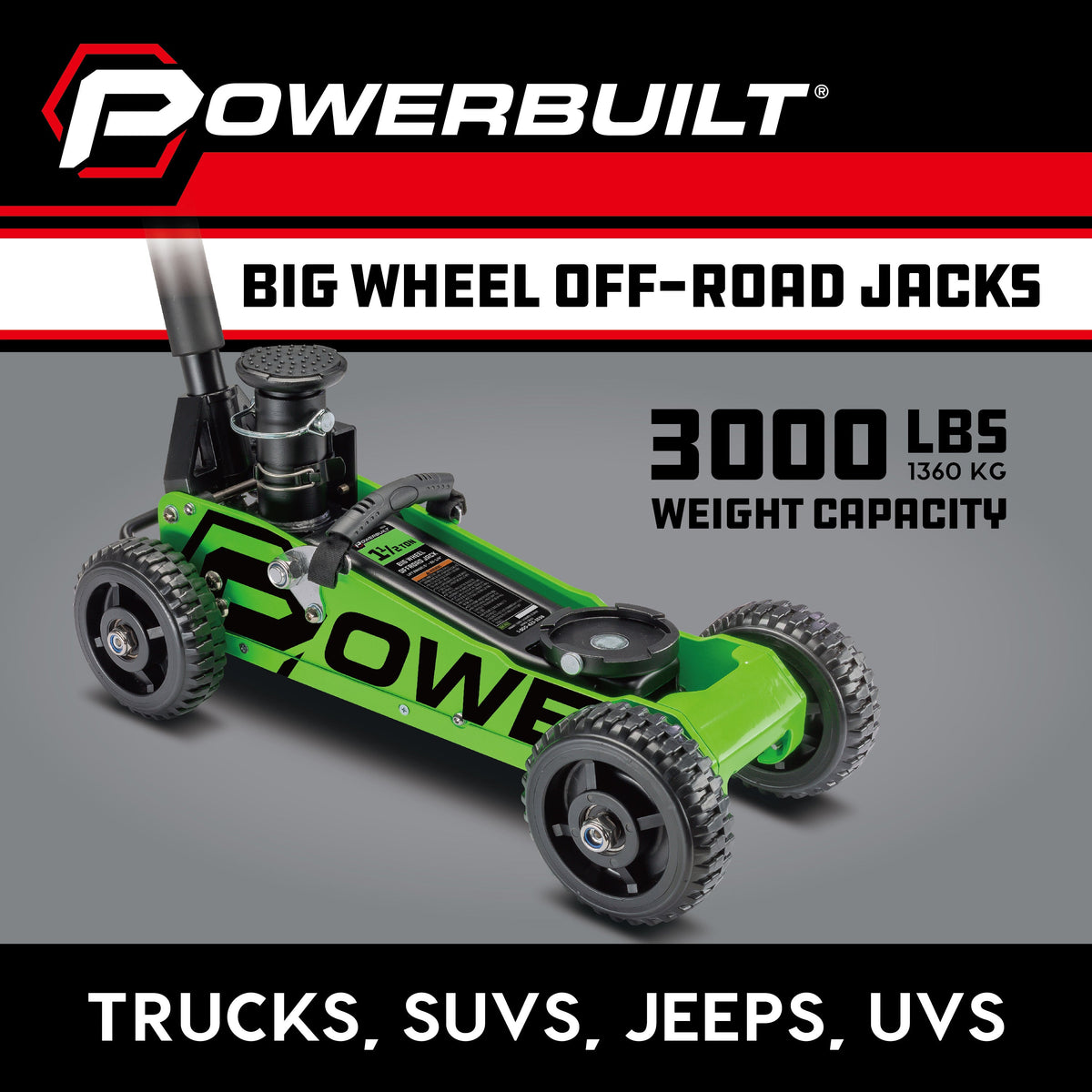 Powerbuilt 1.5 Ton Big Wheel Off Road Jack (Green)