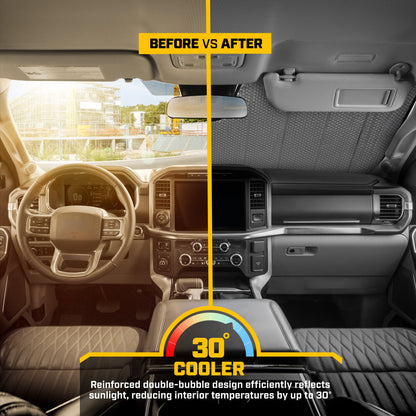 CAT Auto Shade for Cars & Trucks – Jumbo 65"x27" Accordion Folding Sunshade with Bold Yellow Tire Tracks Design – Heavy-Duty Windshield Cover for