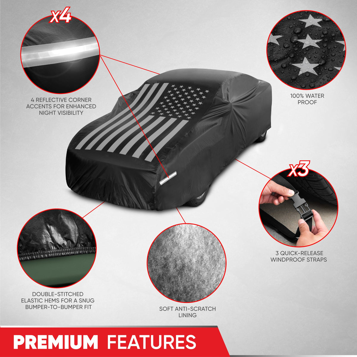 Motor Trend Black USA Flag Waterproof Car Cover - All Weather Outdoor Protection, UV Resistant, Windproof, Scratchproof - Semi-Universal Fit