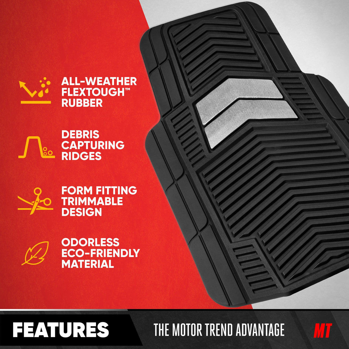 Motor Trend FlexTough Shield Black & Silver All-Weather Floor Mats for Cars, Trucks & SUVs – Heavy Duty Waterproof Rubber Car Mats, Universal