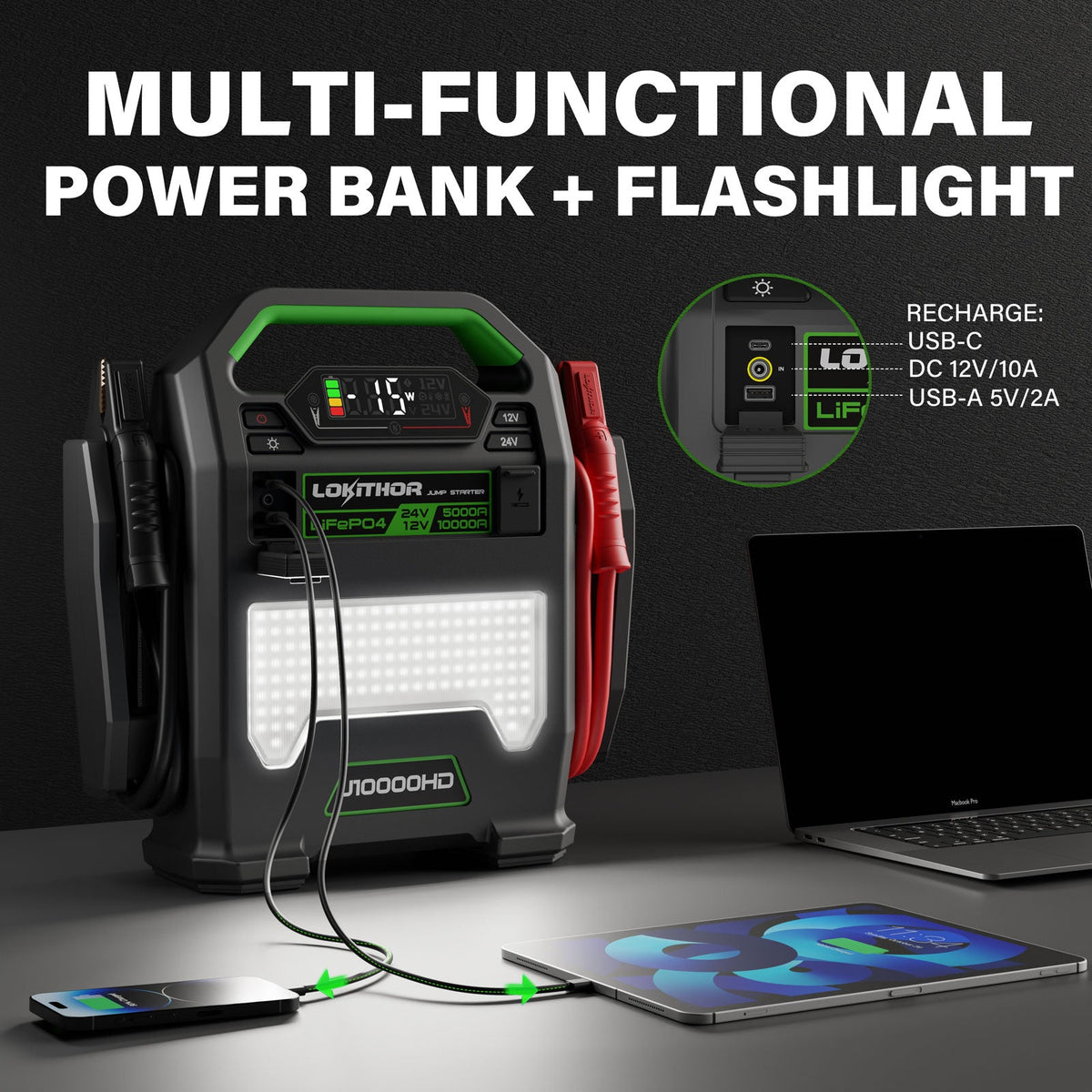 LOKITHOR J10000HD Heavy Duty Jump Starter 12V 10000A / 24V 5000A with Auto-Sensing Booster for Semi-Trucks & Large Engines