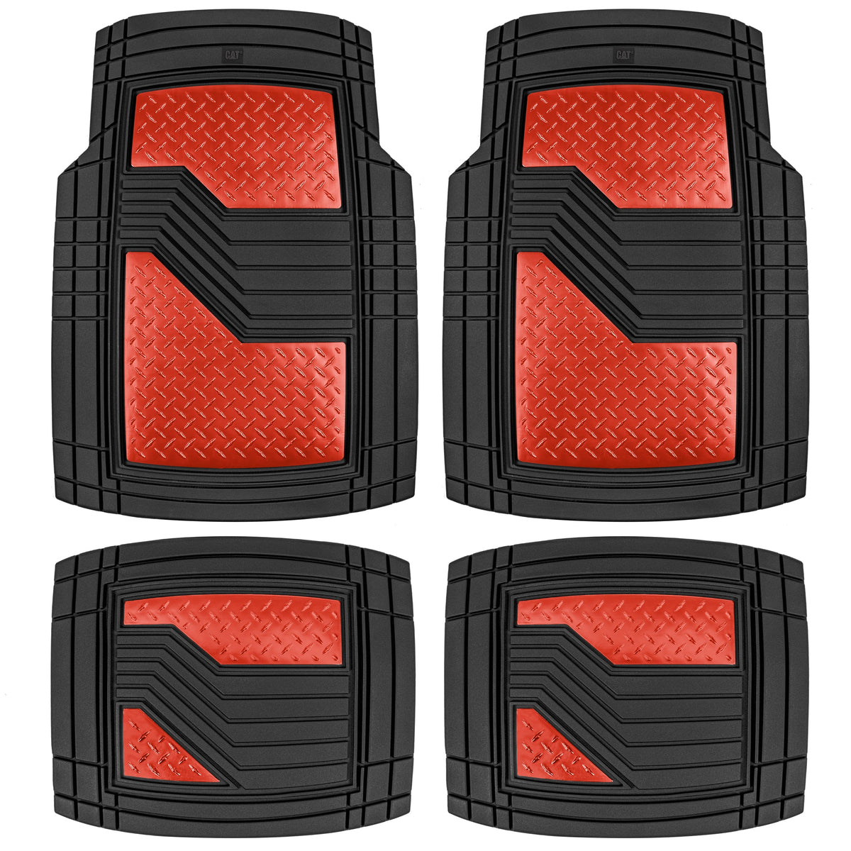CAT 4-Piece Two-Tone Metallic-Look Front Floor Mats and Rear Floor Mats - Heavy Duty, All Weather, Trim to Fit - Black/Red