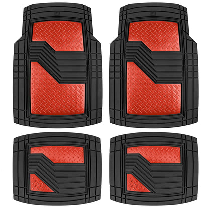 CAT 4-Piece Two-Tone Metallic-Look Front Floor Mats and Rear Floor Mats - Heavy Duty, All Weather, Trim to Fit - Black/Red