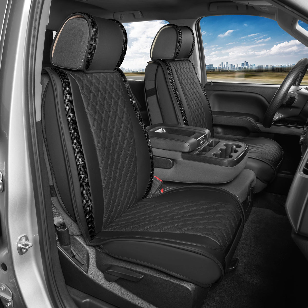 BlingStitch™ Car Seat Covers for Front Seats - Luxurious Vegan Leather Seat Covers for Cars with Black Bling Crystals, Premium Automotive Seat