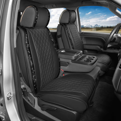 BlingStitch™ Car Seat Covers for Front Seats - Luxurious Vegan Leather Seat Covers for Cars with Black Bling Crystals, Premium Automotive Seat