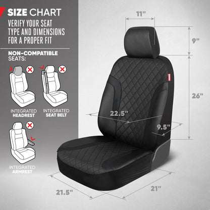 Motor Trend Faux Leather Seat Covers For Trucks, Cars, & SUV - Front Black Car Seat Cover Set - Universal Fit For Most Automotives - Forros Para