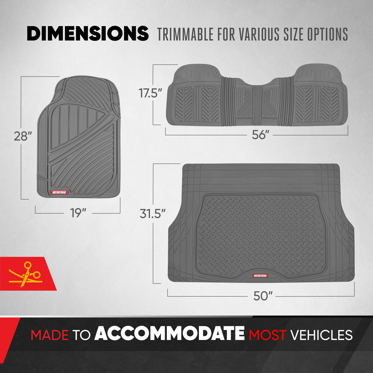 MotorTrend 4-Piece FlexTough Performance Deep Channel Front Floor Mats, Rear Floor Mat, and Trunk/Cargo Mat - Heavy Duty, All Weather, Trim to Fit