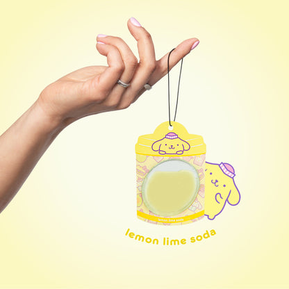 Hello Kitty and Friends Car Air Freshener (Pompompurin - Lemon Lime Soda) Hanging Gel Area Deodorizer, Long-Lasting Car Scents Air Freshener