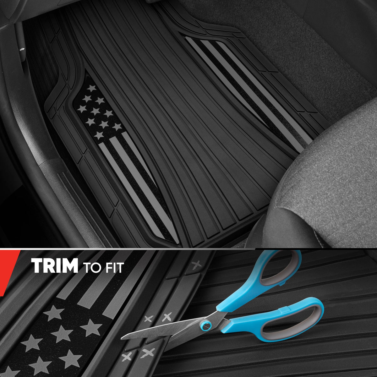 Motor Trend Flag Floor Mats Full Set - Durable Black Rubber Car Floor Mats for Trucks Cars SUV with Two Tone Accent, All Weather Interior