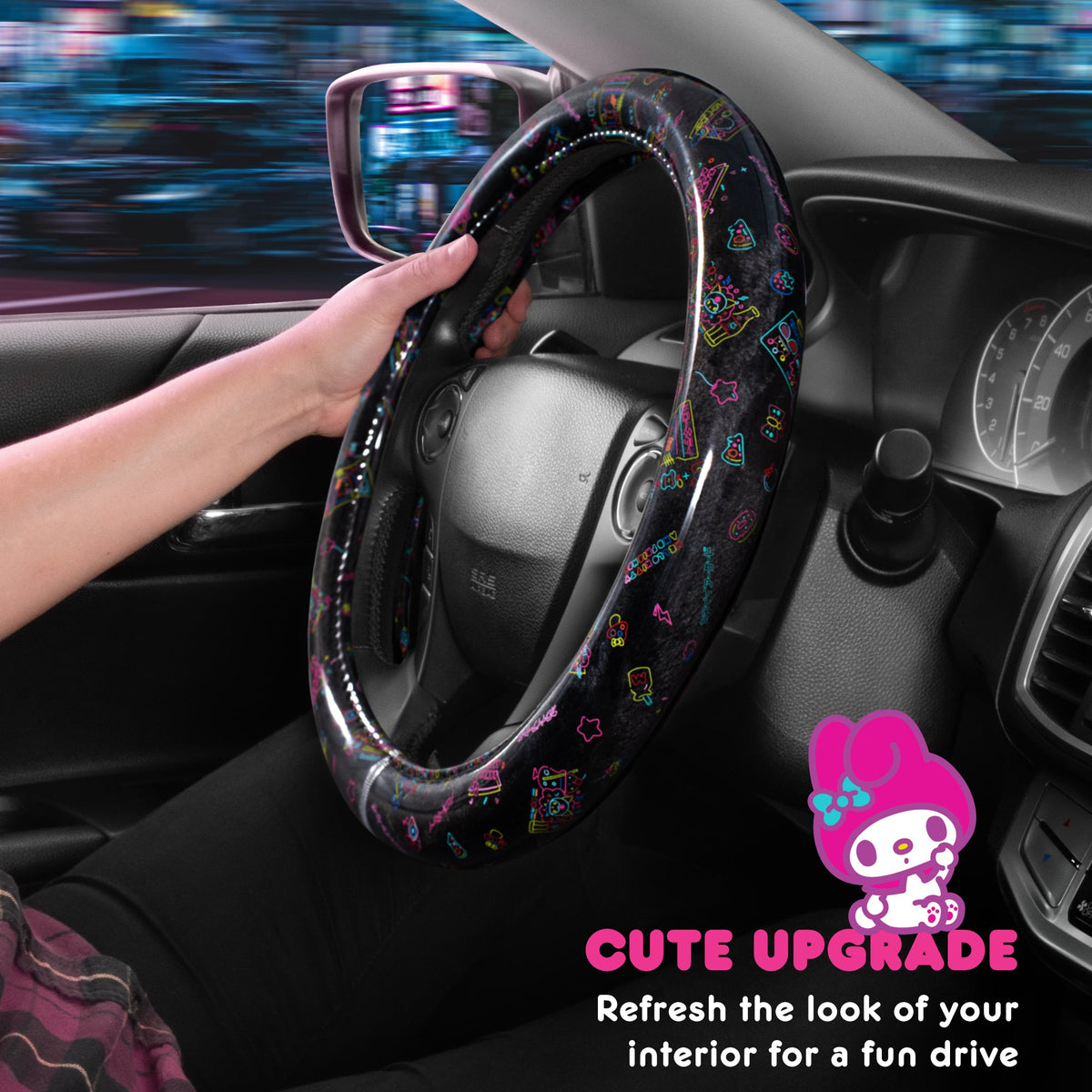Hello Kitty Steering Wheel Cover, Official Sanrio Car Steering Wheel Cover with Universal Size 14.5 - 15.5, Cute Black Steering Wheel Cover for
