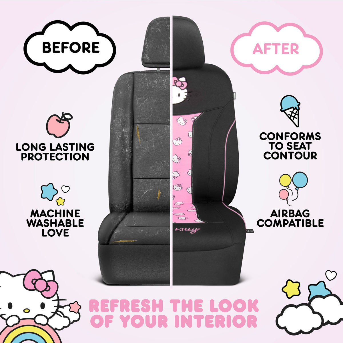 Hello Kitty Car Seat Cover - Cute and Durable Pink Front Seat Cover, Adorable Hello Kitty Design, Comfortable and Long-Lasting Polyester, Car