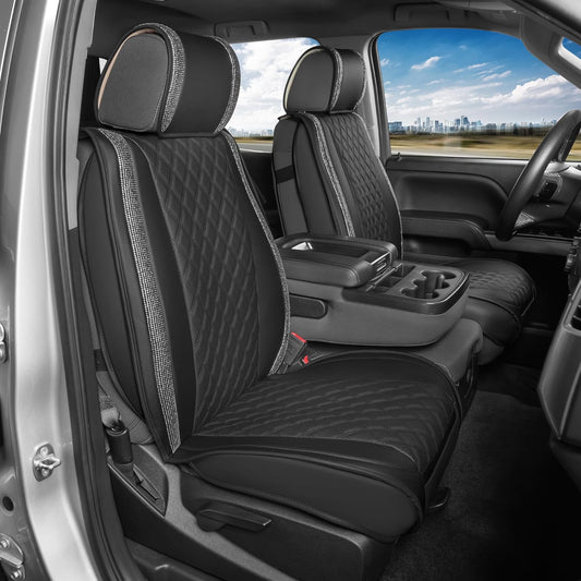 BlingStitch™ Car Seat Covers for Front Seats - Luxurious Vegan Leather Seat Covers for Cars with Black Bling Crystals, Premium Automotive Seat