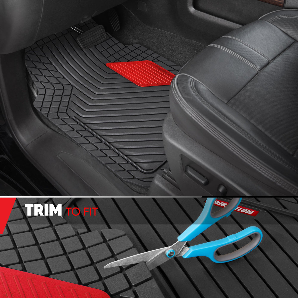 Motor Trend MetallicGuard Car Floor Mats Full Set - Durable Rubber Floor Mats with Red Metallic Heel Pad, All-Weather Interior Protection for