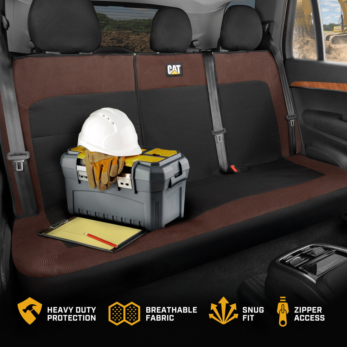 Cat Flexfit Brown & Black Rear Seat Cover for Car – Durable Canvas & Mesh Design 60/40 Split Bench Protector for Cars, Trucks & SUVs – Back Seat